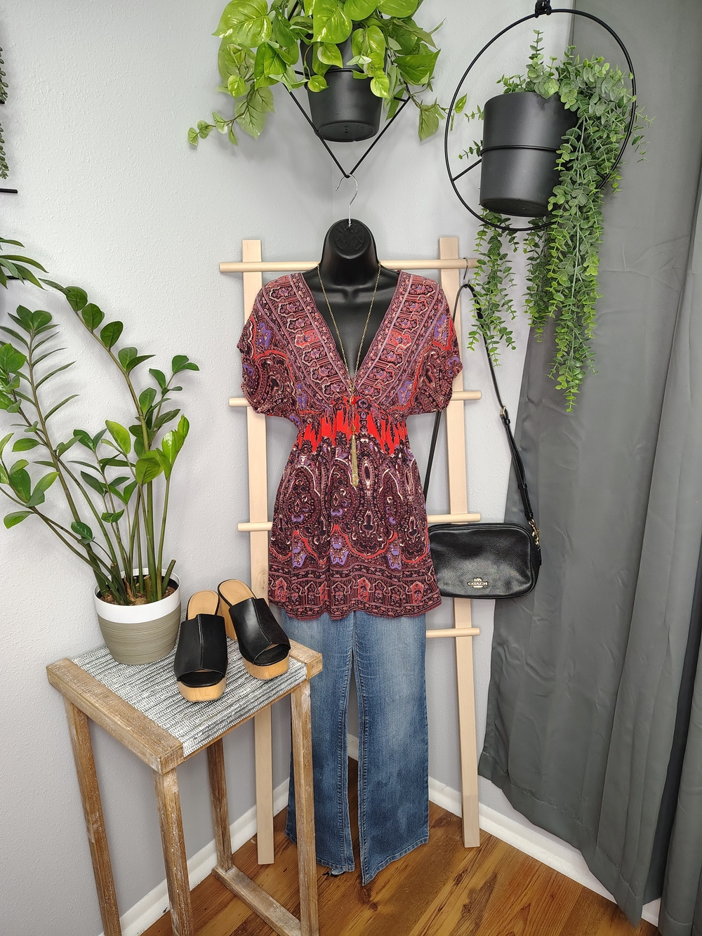 Angie Burgundy Paisley V-Neck Tunic/Mini Dress with Red Waist Accent